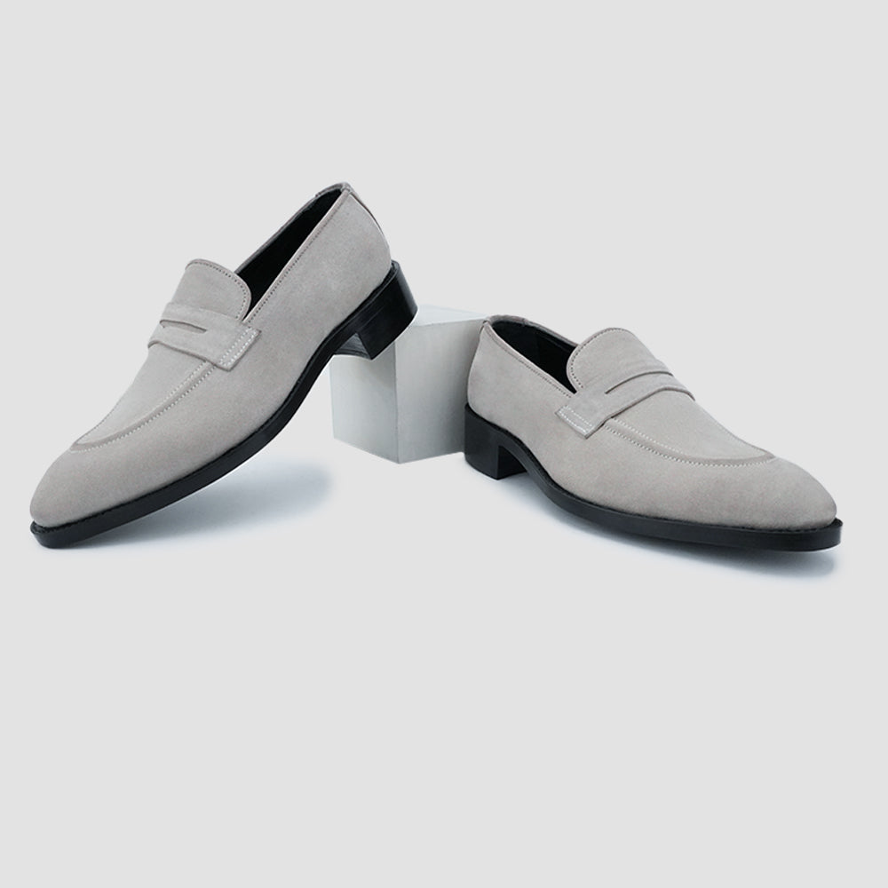Gray suede leather penny loafers for men