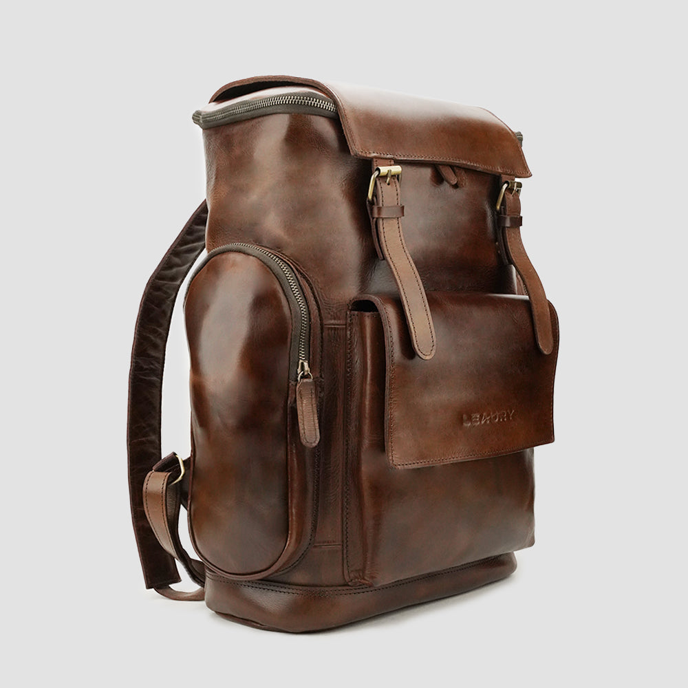 Mens leather backpack casual in brown