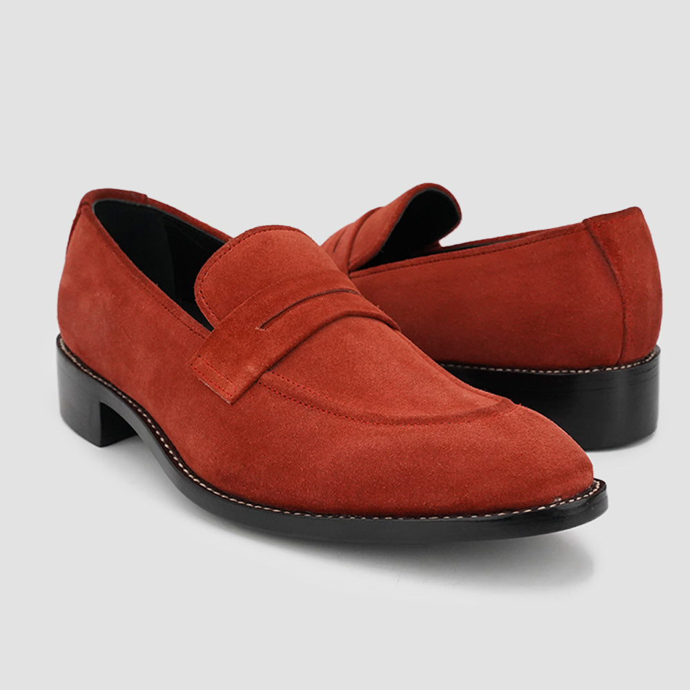 Red suede penny loafers for men