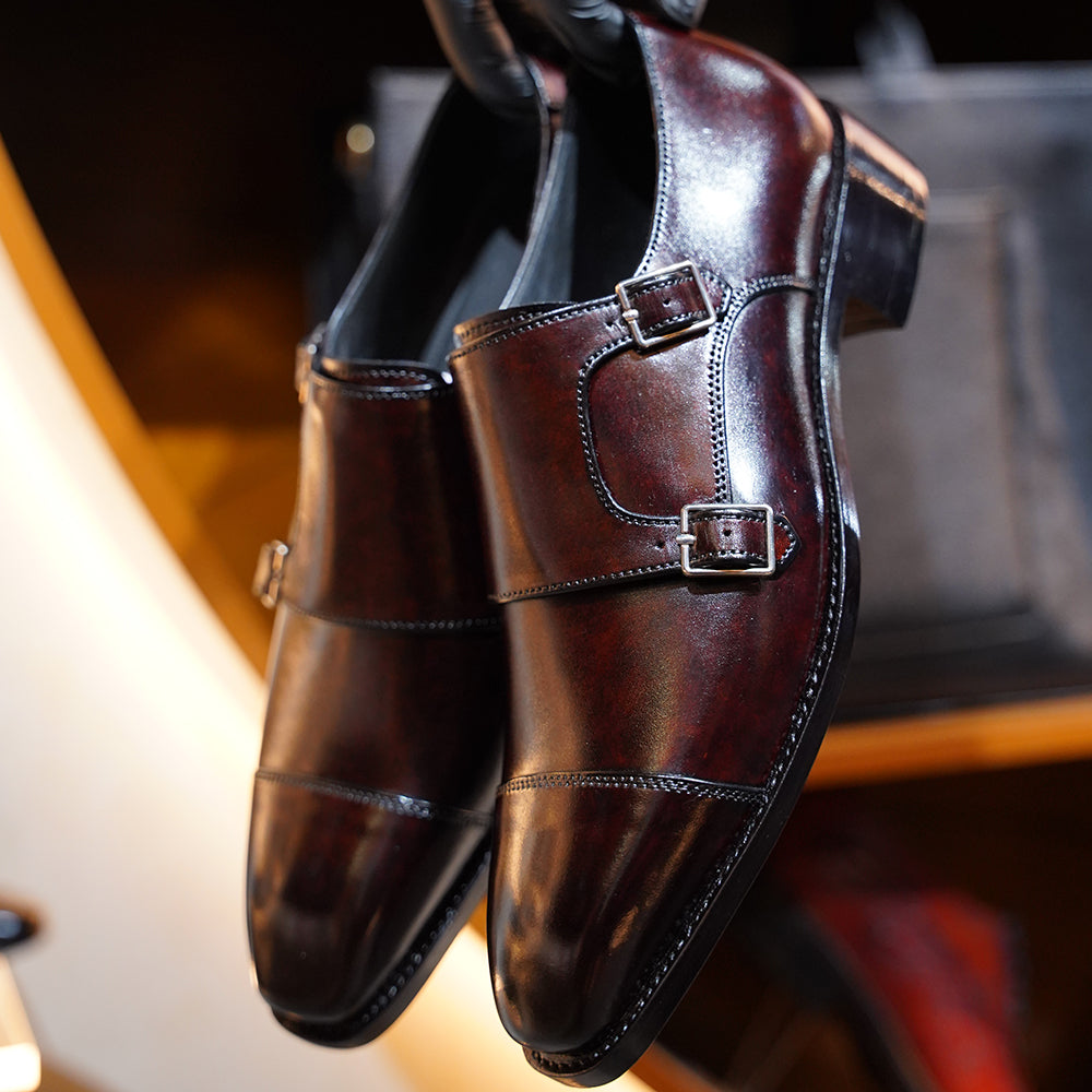 Top leather monk strap shoes